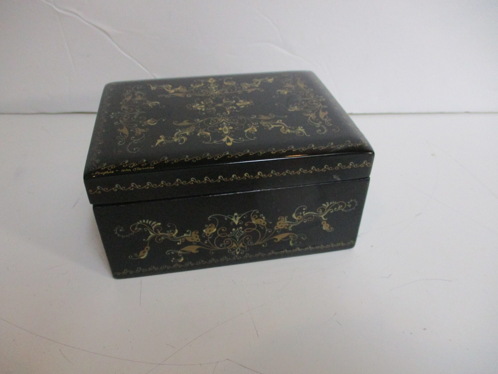 Vintage Rissian Soviet Lacquer Box Black w Gold Scroll *Signed by Artist