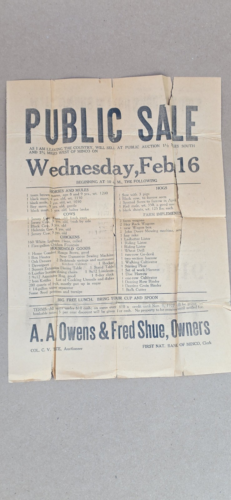 1927 Oklahoma Farm Auction Sale Bill & Complete Clerk Ledger Ephemera Minco OK