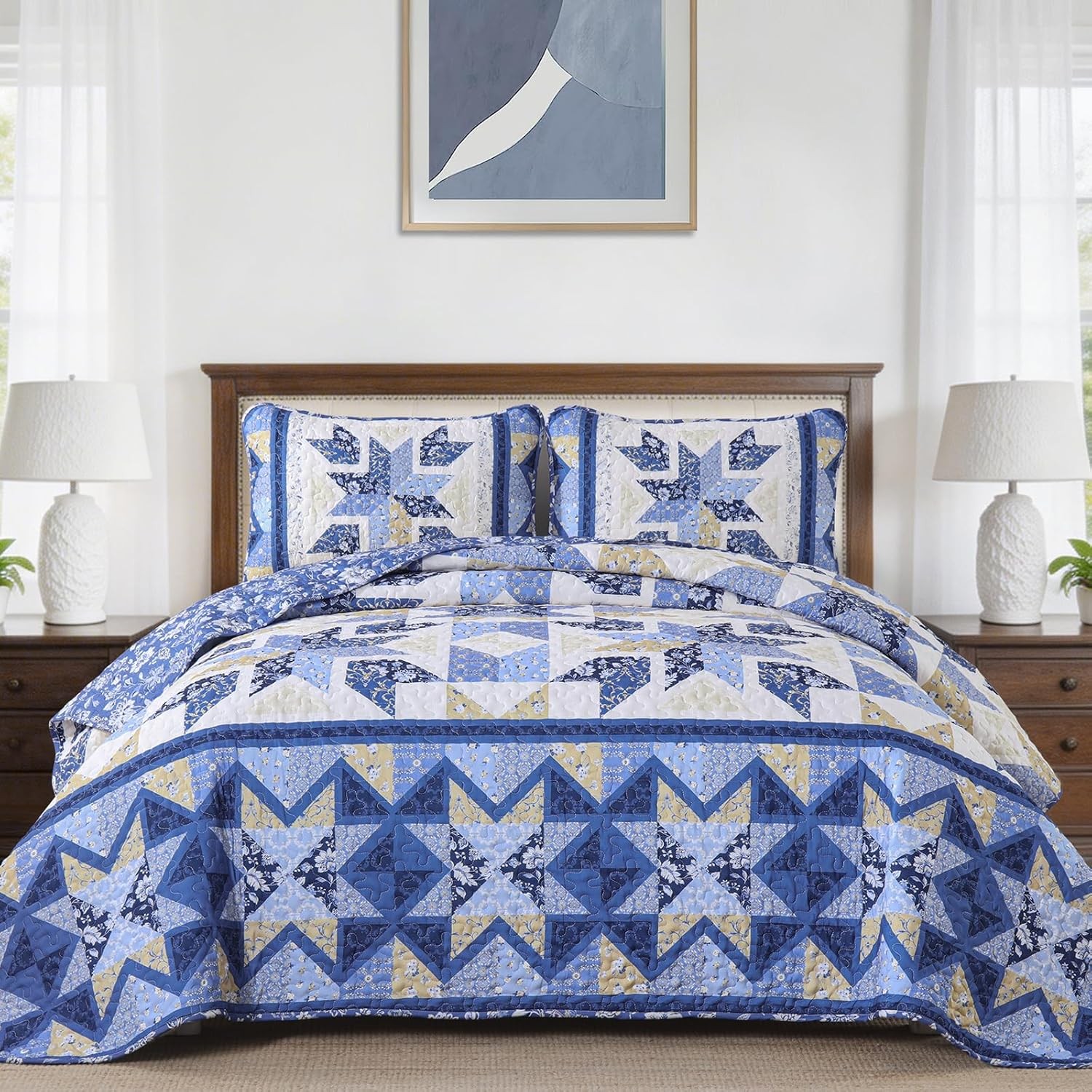 Quilted Bedspread Set 3 Piece Vintage Farmhouse Patchwork Floral Blue Coverlet