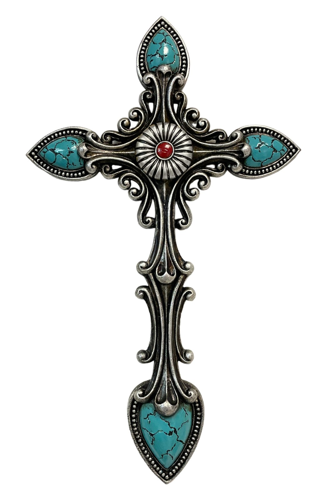 De Leon Collections Vintage Turquoise Silver Wall Cross 15.5in Decor
