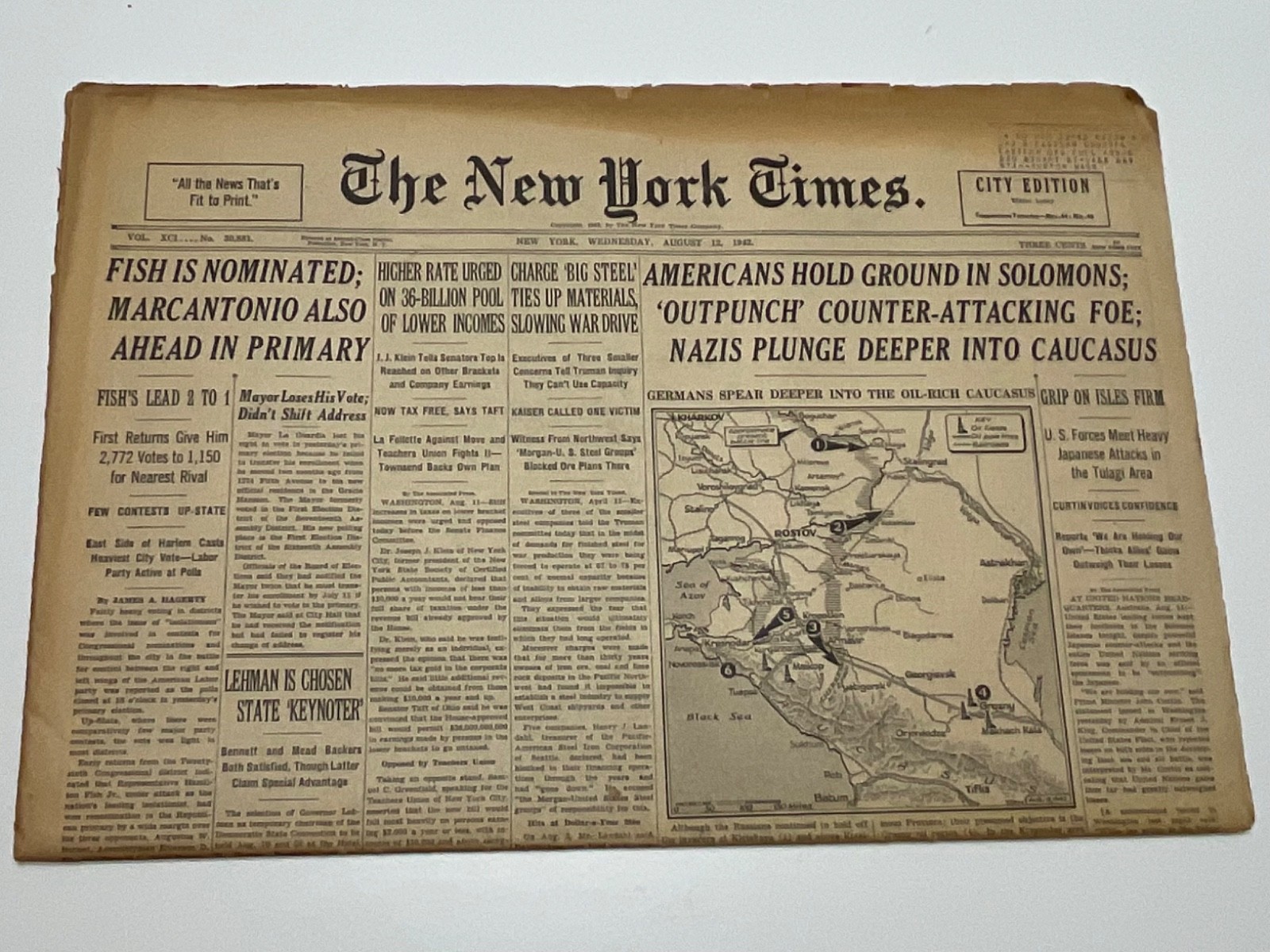 1942 New York Times WWII Guadalcanal Solomon Islands Marines Aug 12 Newspaper