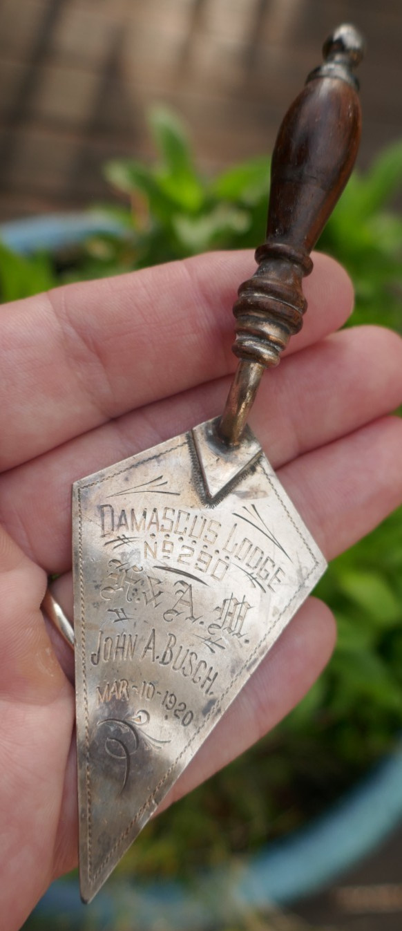 Dated 1920 Sterling & Wood Handled Damascus Lodge No. 290 Masonic Mini Trowel