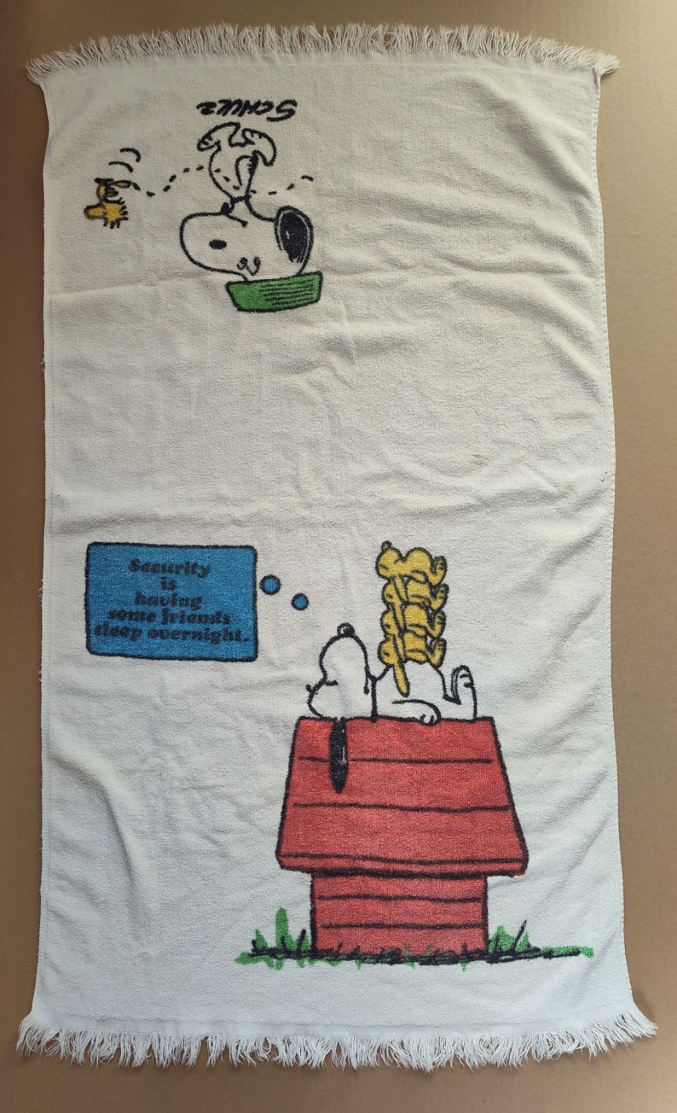 VTG 1970s Snoopy Woodstock Peanuts Towel Stevens Utica Security Having Friends