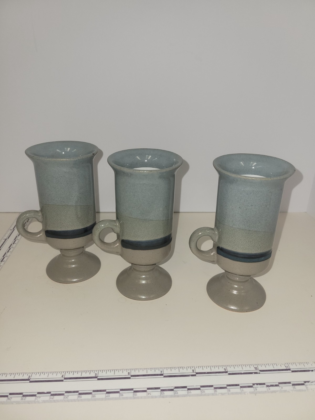 Set of 3 Vintage Otagiri Stoneware Footed Irish Coffee Mugs Blue
