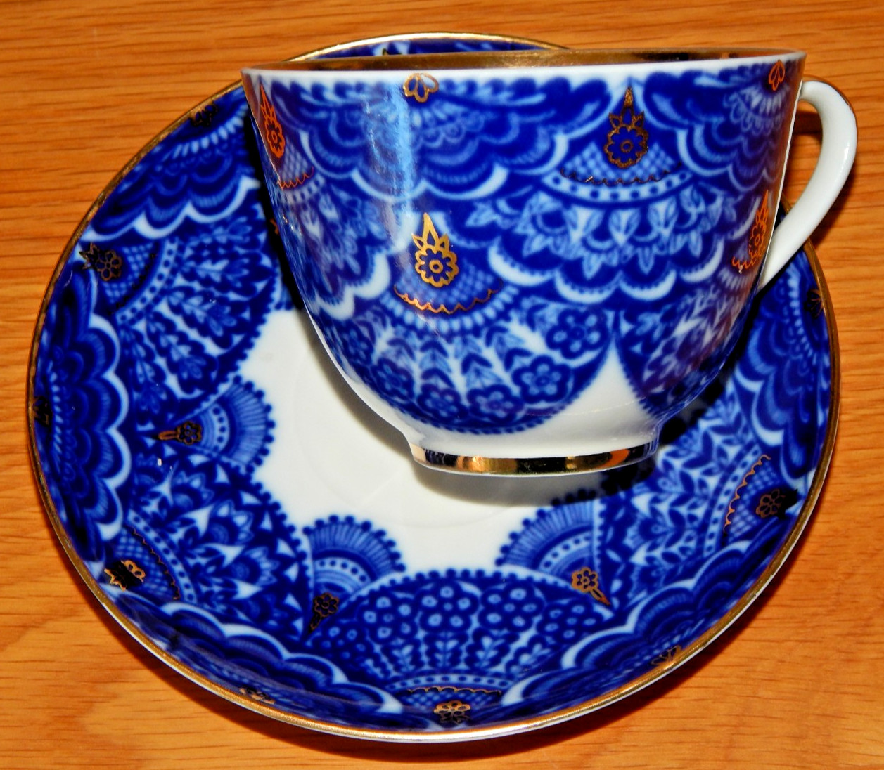 Vintage Lomonosov Imperial Porcelain Teacup and Saucer Cobalt Blue Gold Accents