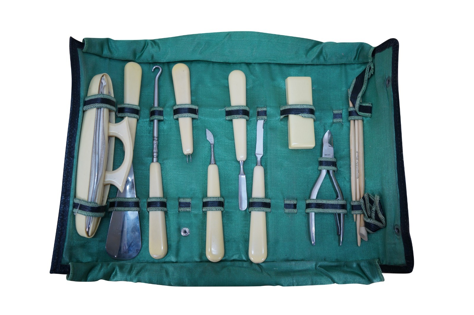 Antique Edwardian Celluloid Travel Vanity Manicure Grooming Set Roll Up Case