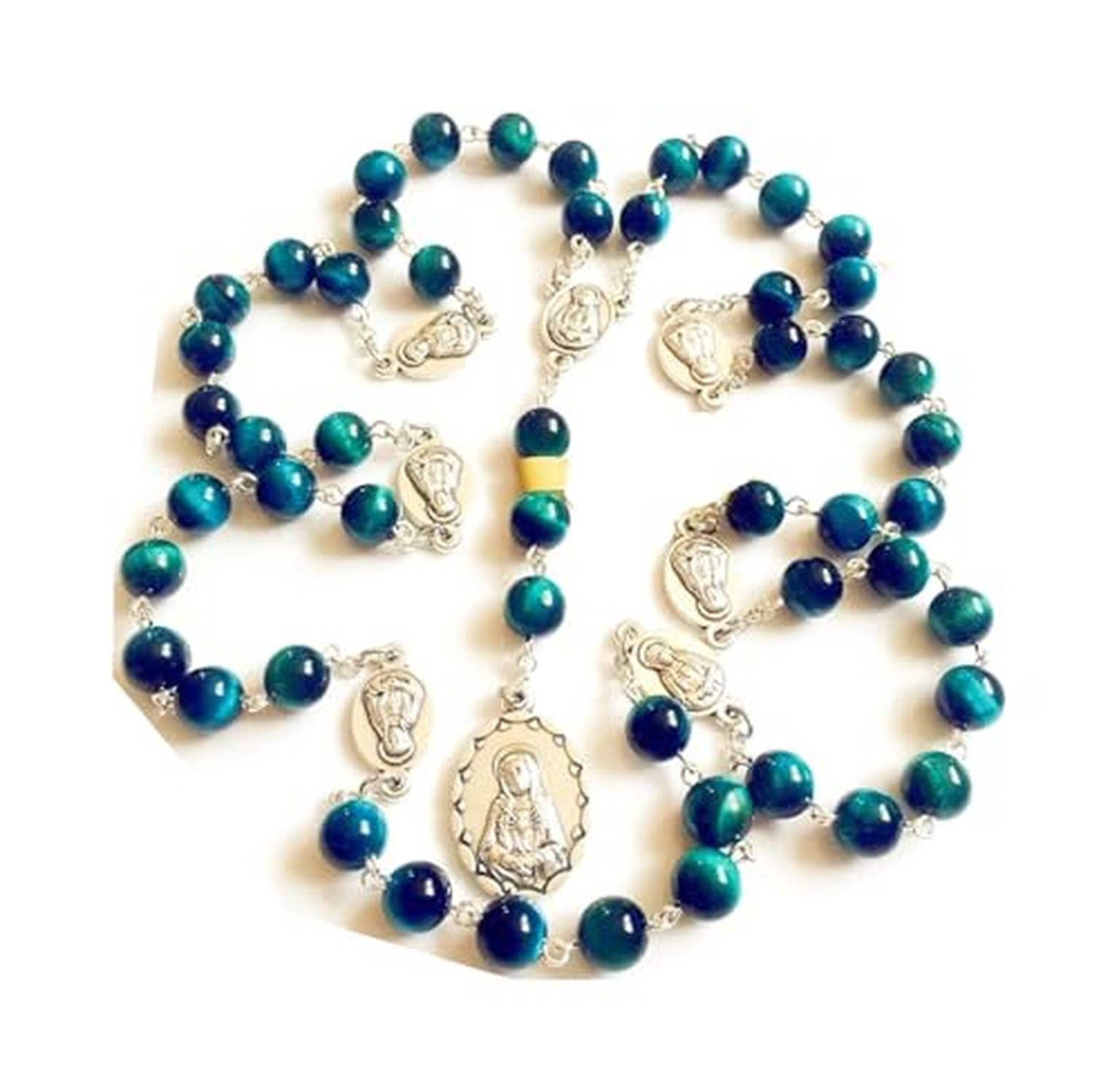 elegantmedical HANDMADE RARE Peacock buleTiger Eye Jade Beads SEVEN 7 SORROWS...