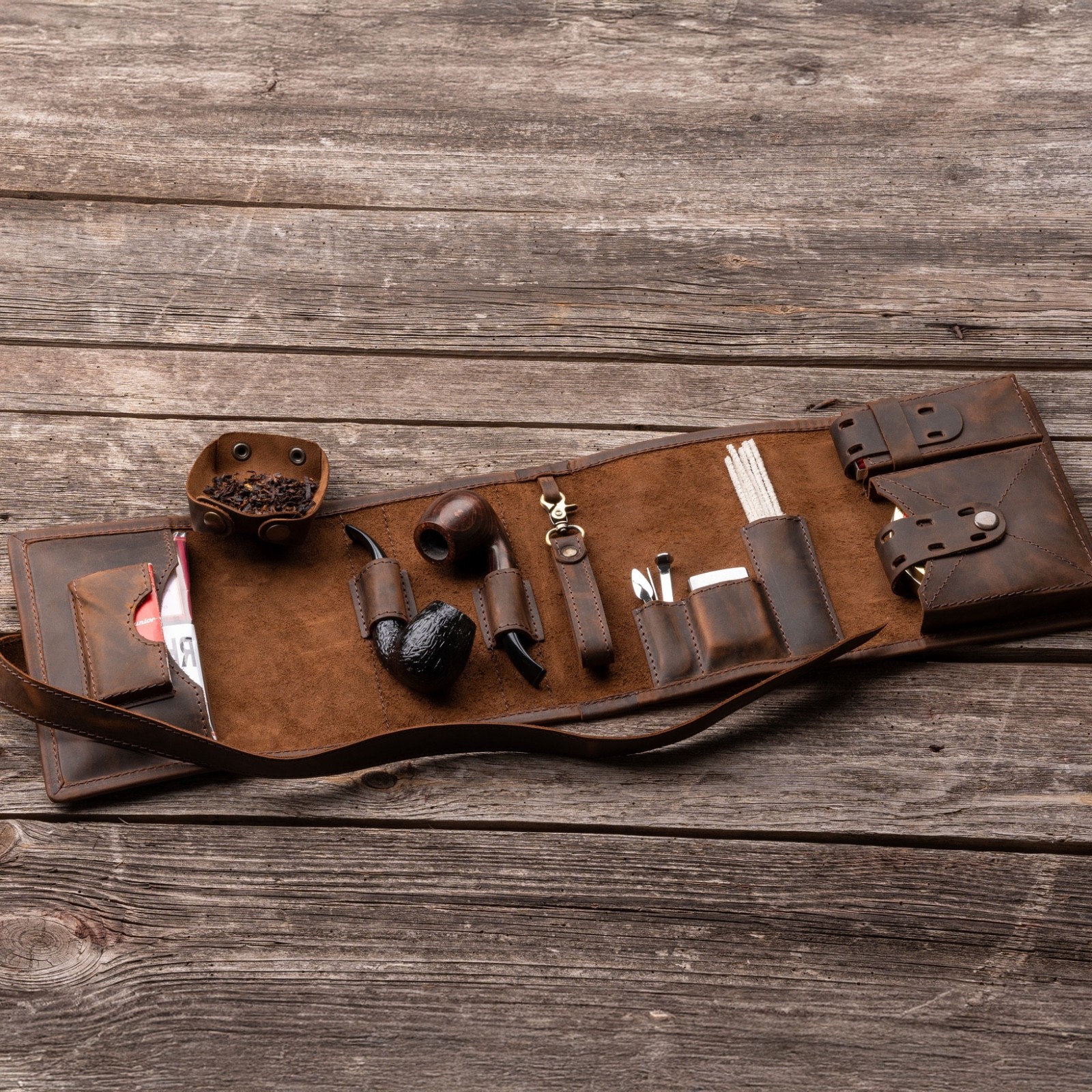 Leather Pipe Roll, Handmade Brown Pipe Case, Tobacco Pouch, Travel Pipe Holder