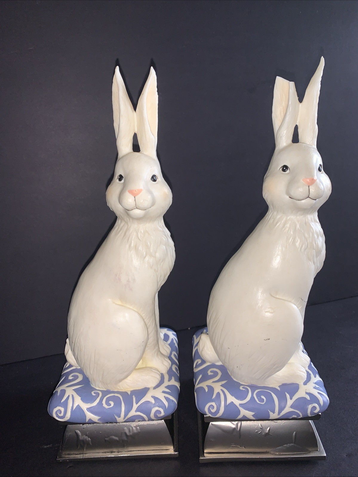 Rare Set 2 White Bunny Rabbit Figurines Blue Floral Base Easter Spring Decor 10”