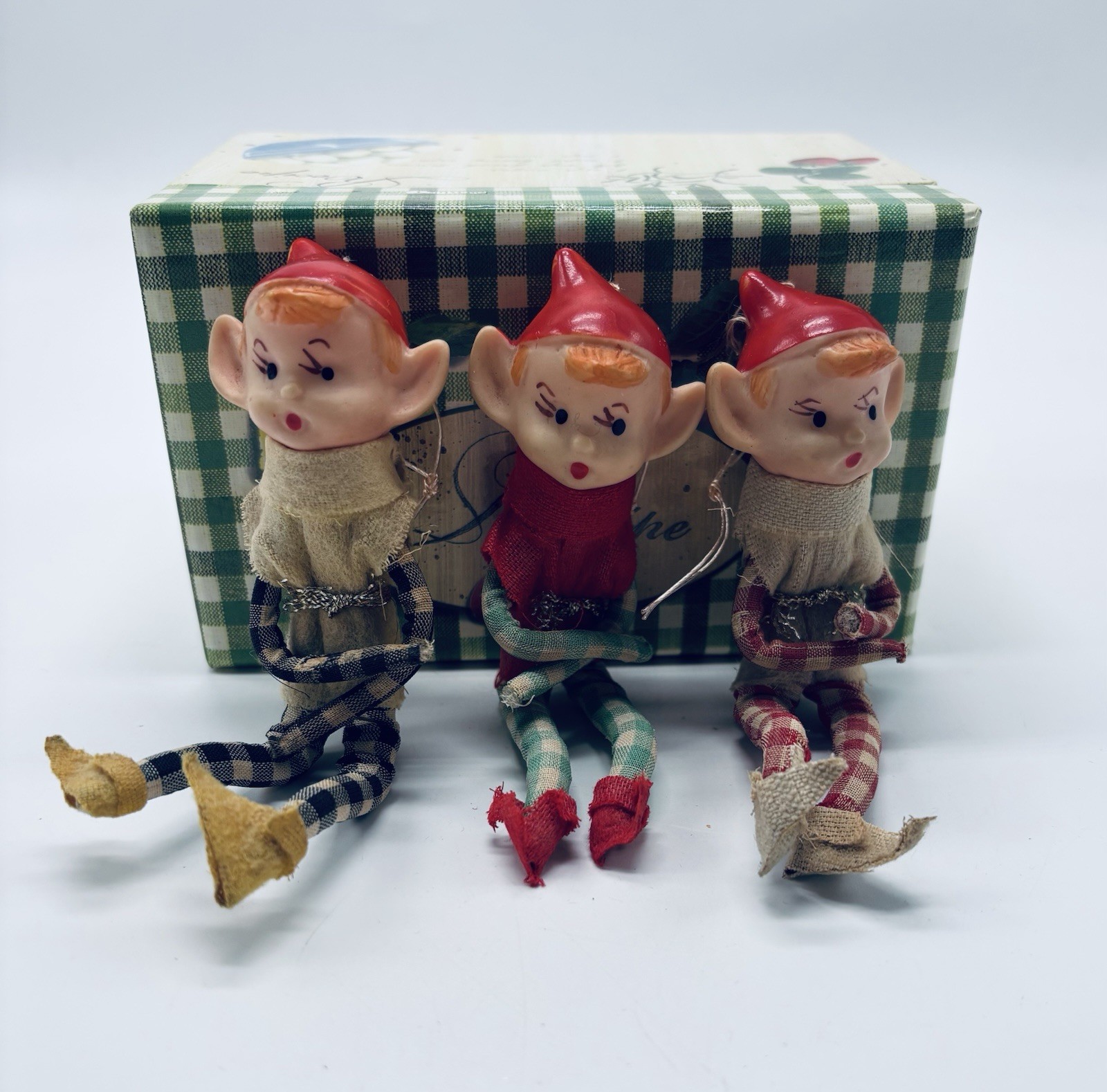Vintage Japan Knee Hugger Elves Pixie Christmas Ornament Plaid 1950’s Lot Of 3