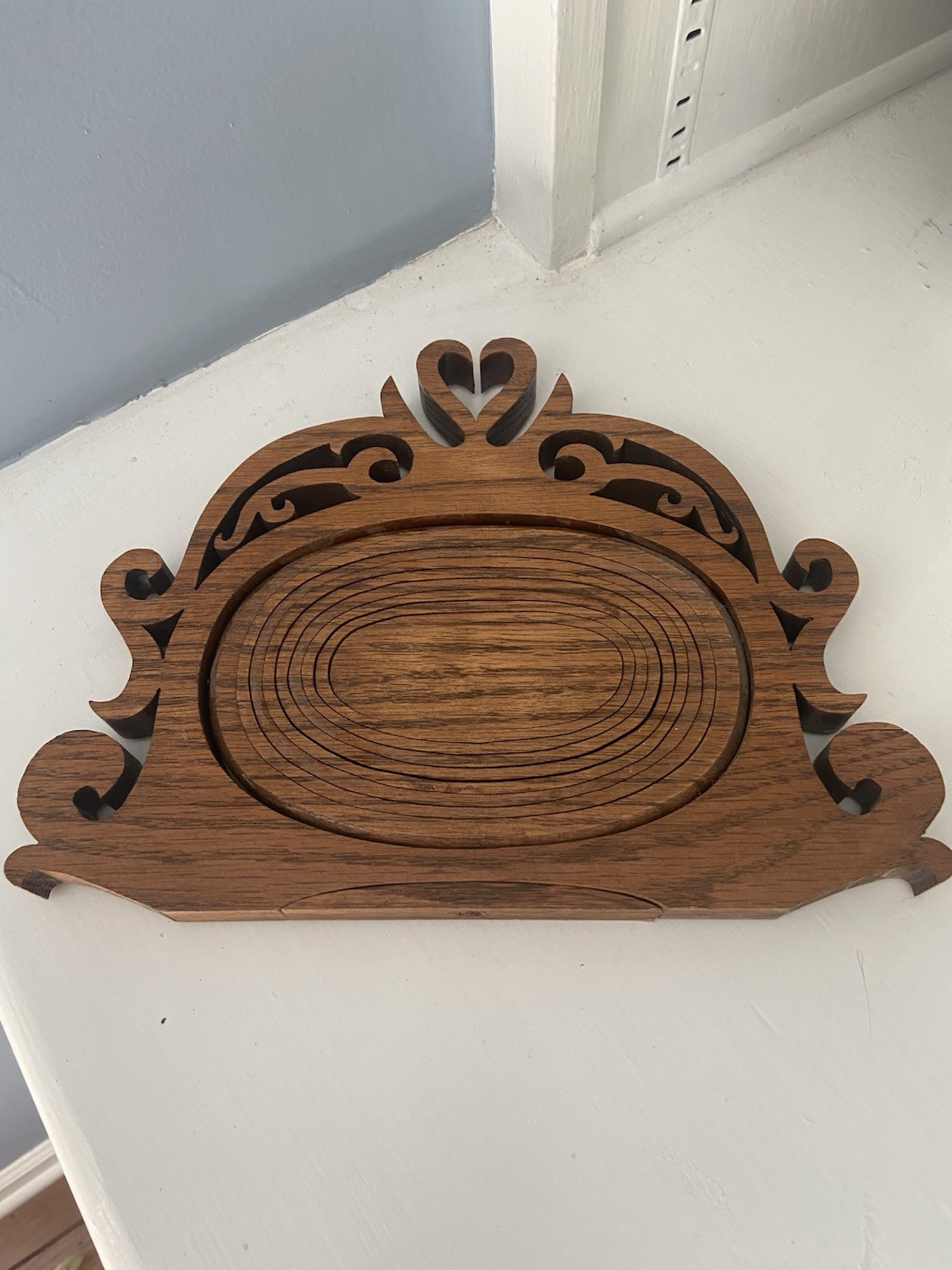 Vintage Wooden Collapsible Basket Trivet Heart Scrollwork Folding Fruit Bowl 