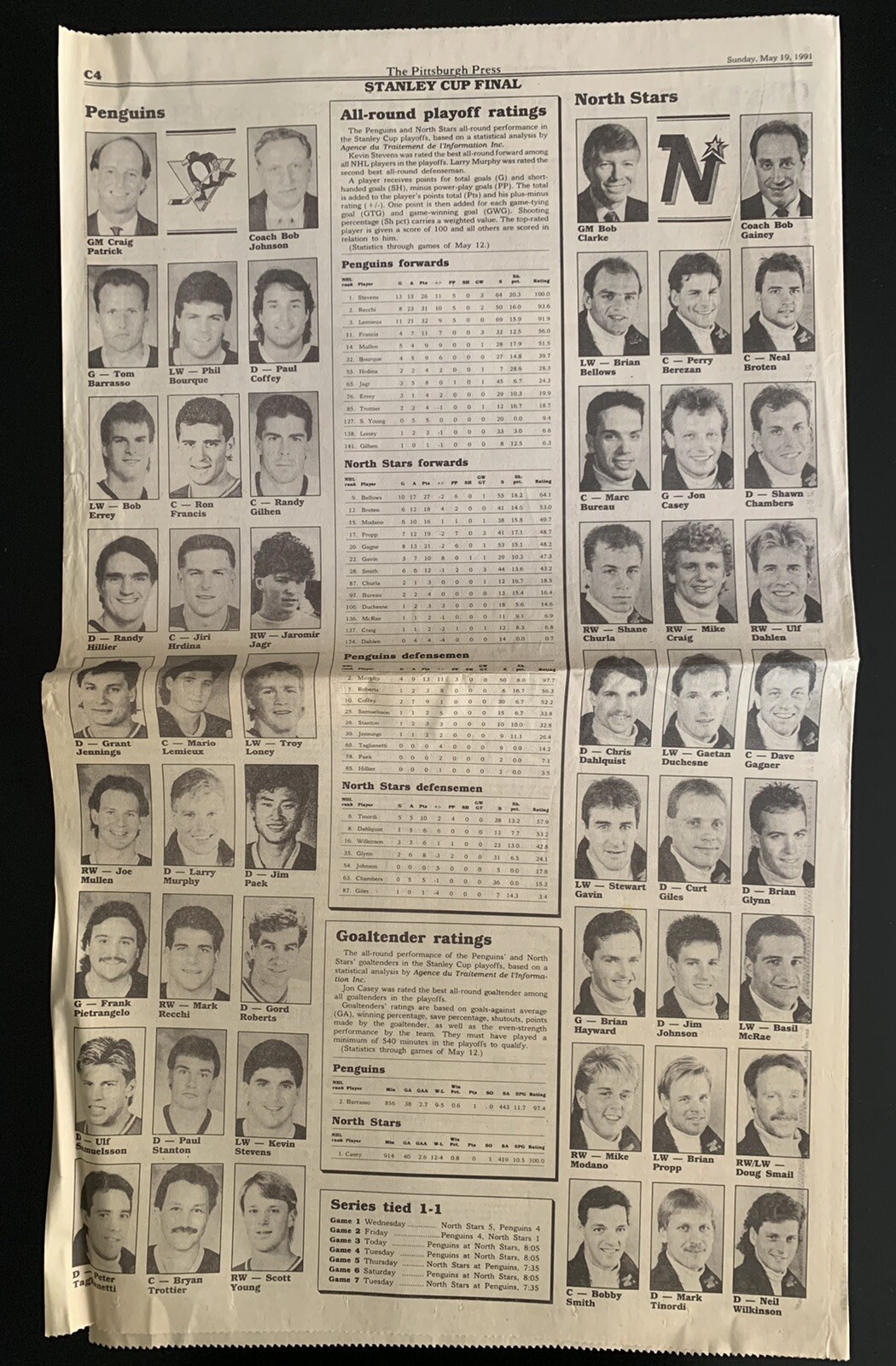 The Pittsburgh Press Stanley Cup Final Roster Pittsburgh Penguins NHL (1991)