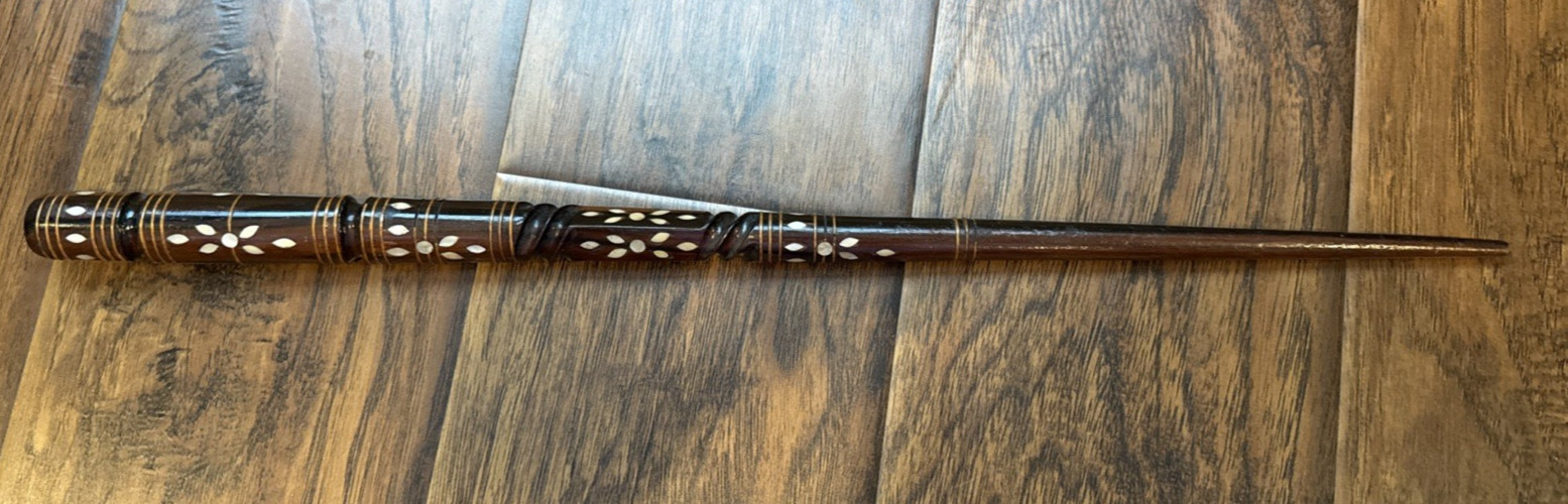 Vtg hand carved wood mother of pearl  pointer, Wand 22\
