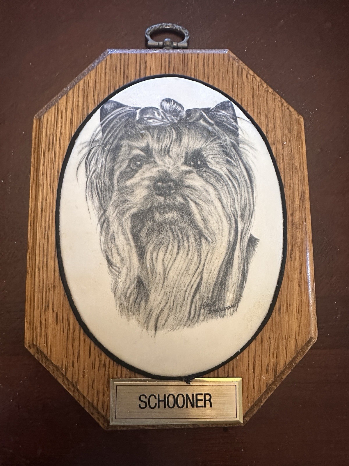 Vintage Yorkshire Terrier Dog Sketch Wood Wall Plaque Collectible “Schooner “ 