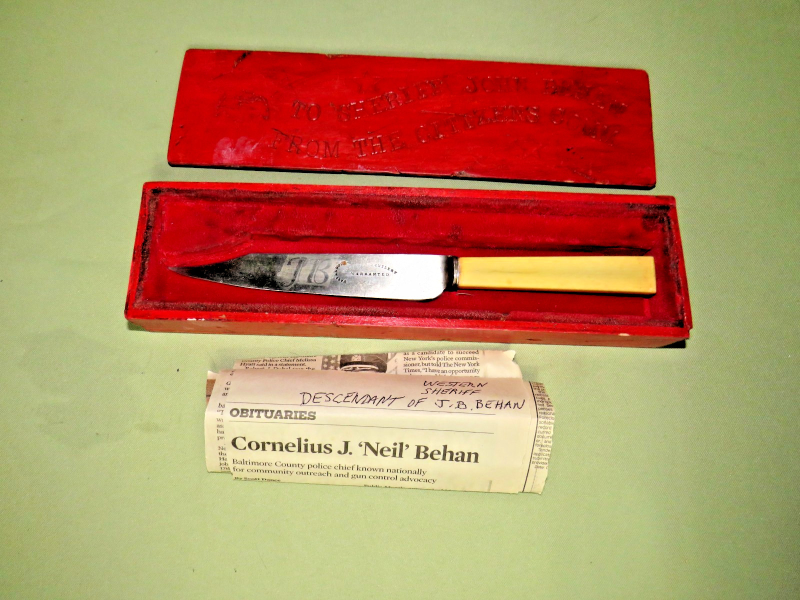 ANTIQUE 1800s WESTERN AMERICANA SHERIFF BEHAN PRESENTATION SHIEFIELD KNIFE BOX