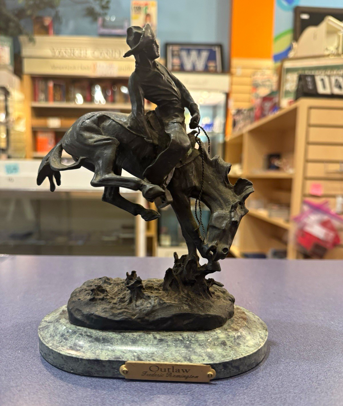 Frederic Remington Outlaw Bronco Rider Sculpture Marble Base Antique Finish