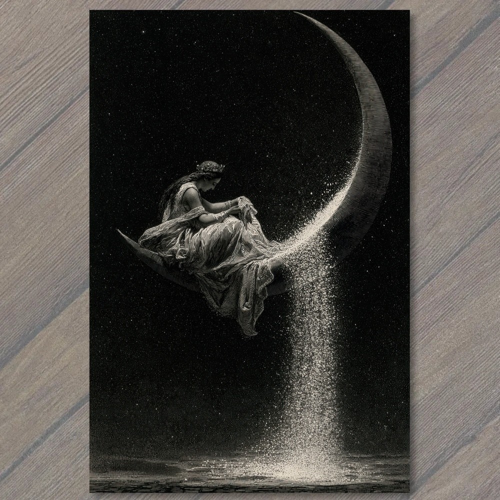 POSTCARD Crescent Moon Woman Pouring Stardust Night Sky Black White Fantasy