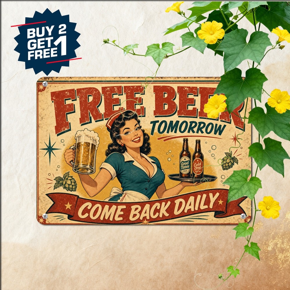Funny Free Beer Tomorrow Sign Retro Style Novelty Pub Tavern Bar Metal Plaque
