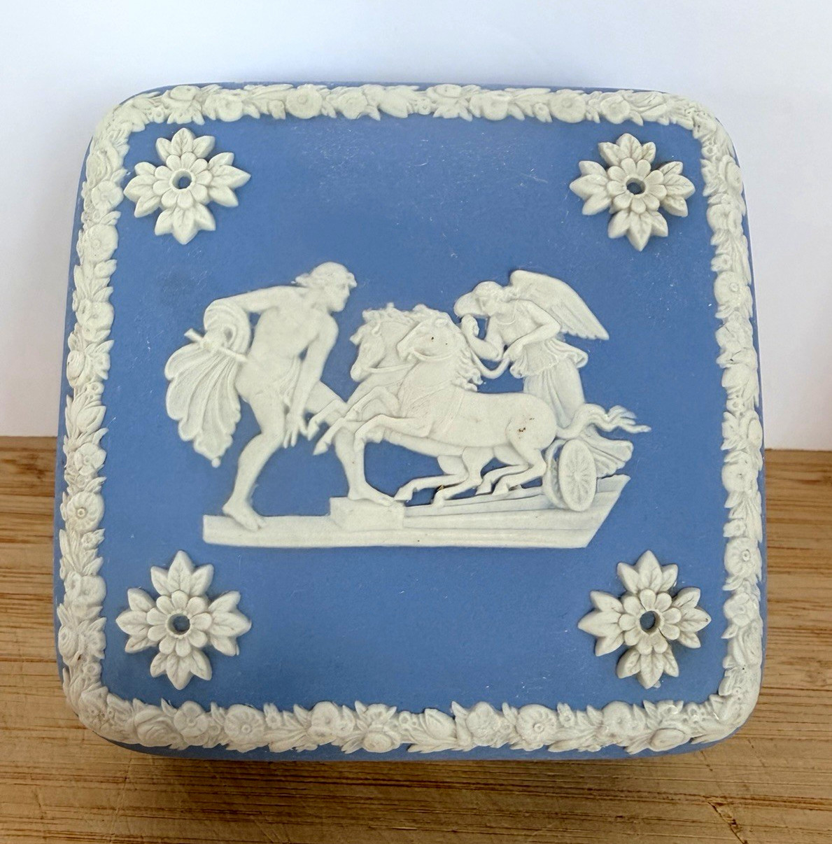 Vintage Wedgwood Blue Jasperware Square Trinket Box Ulysses Chariot 1967