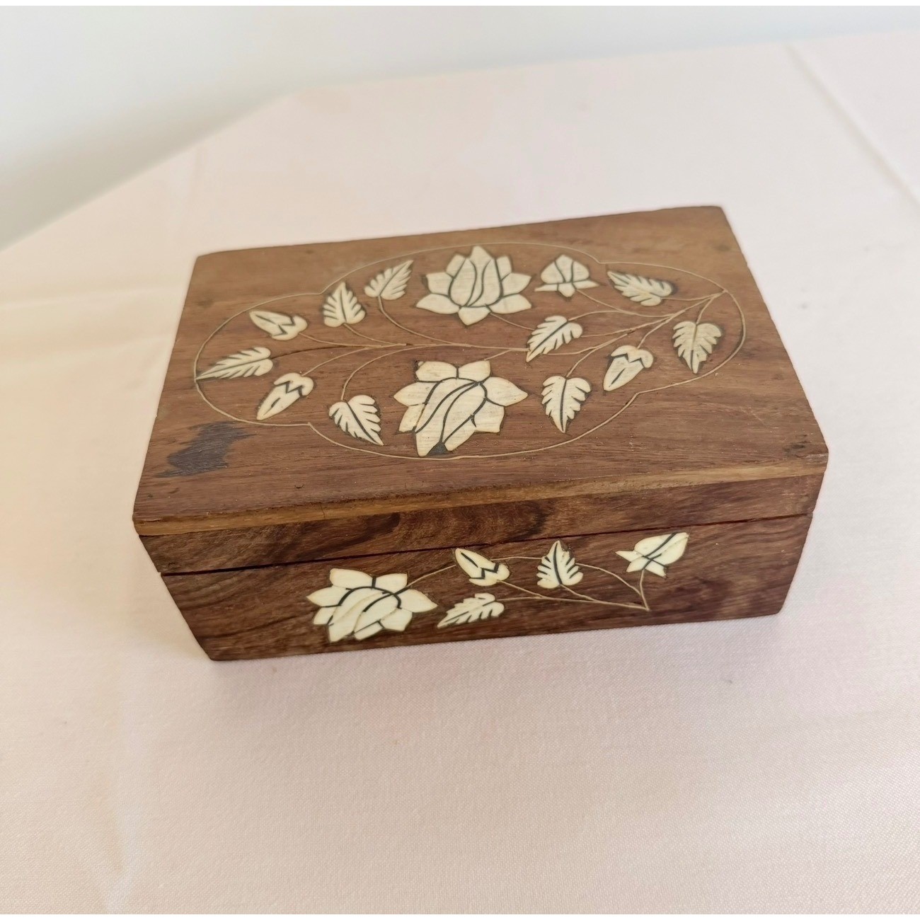 Vintage Handcrafted Wood Trinket Box Floral Inlay Jewelry Keepsake Gift Cottage