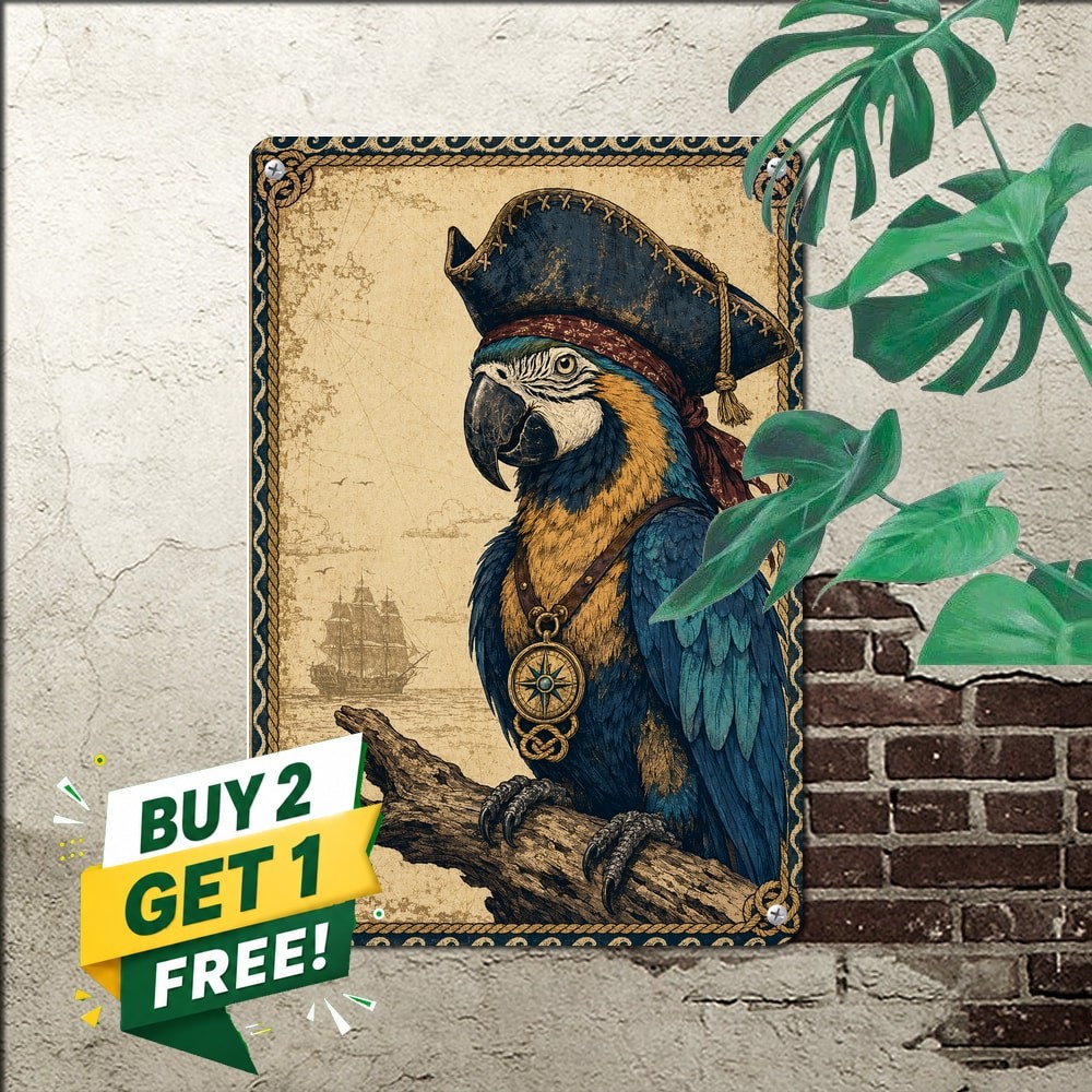 Vintage Novelty Parrot Pirate Sign Funny Tropical Beach Bar Pub Metal Wall Decor