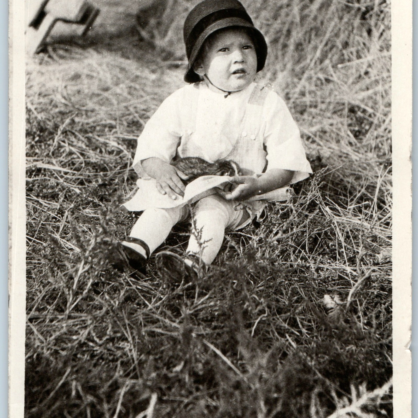 c1920s Cute Toddler Child Snapshot Photo Cloche Hat Pet Rabbit Bunny Field Vtg
