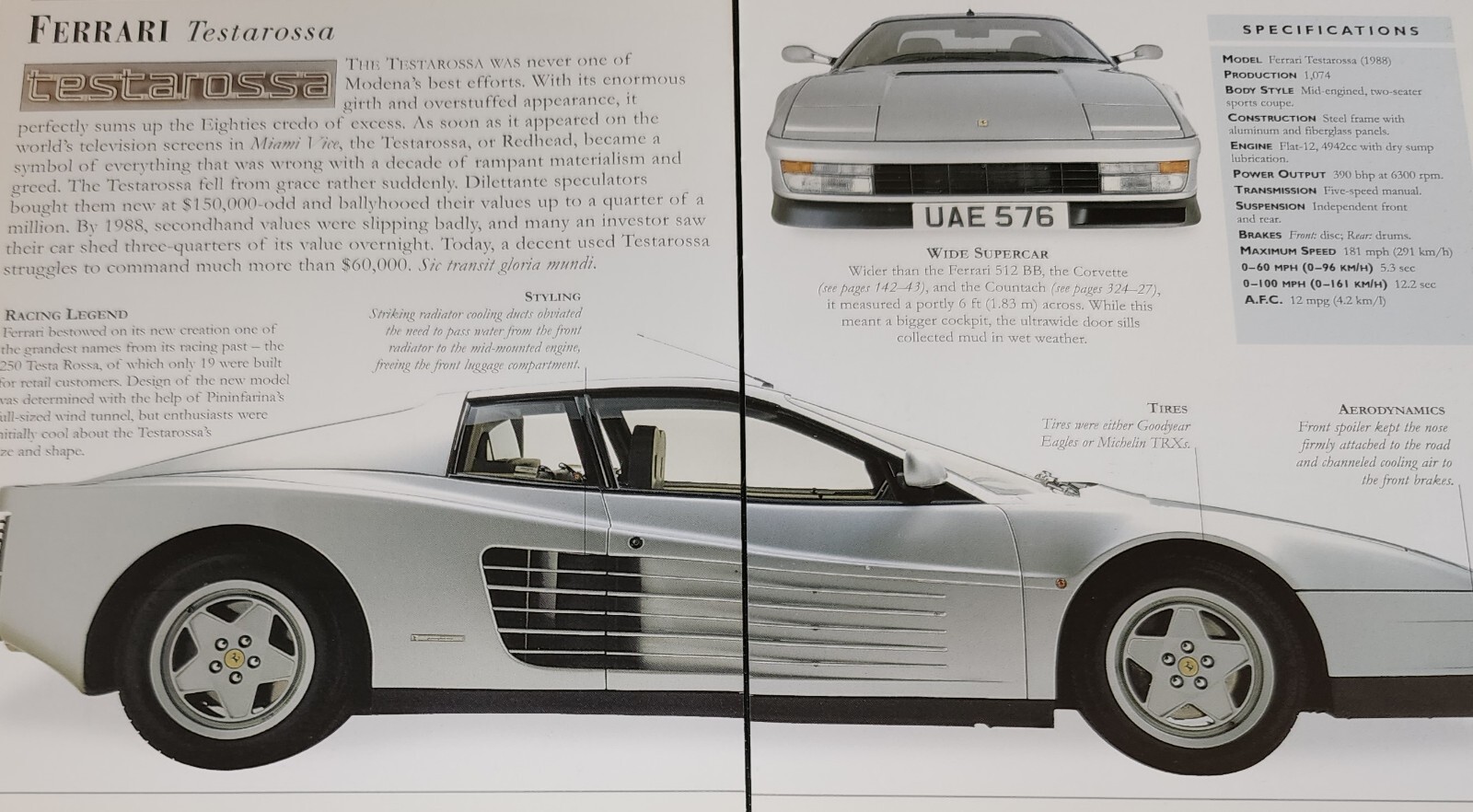 Ferrari Testarossa Picture Out of Print Spec Article Sheet Car Wall Art Vtg