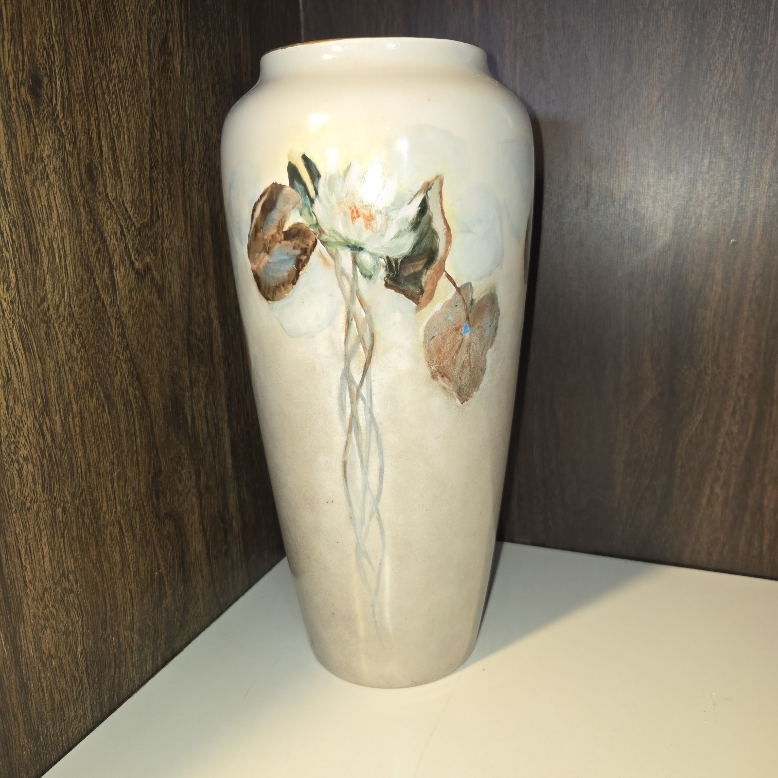 Antique PL Limoges France Art Nouveau Water Lily Porcelain Vase Hand Painted 10\