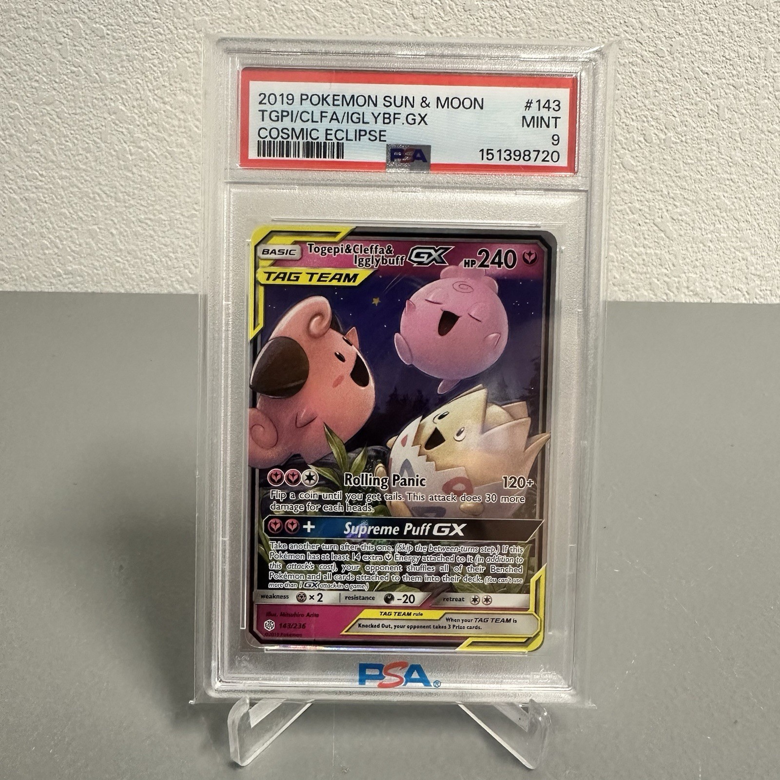 2019 Pokemon Sun & Moon Cosmic Eclipse #143 TGPI/CLFA/IGLYBF GX PSA 9 MINT
