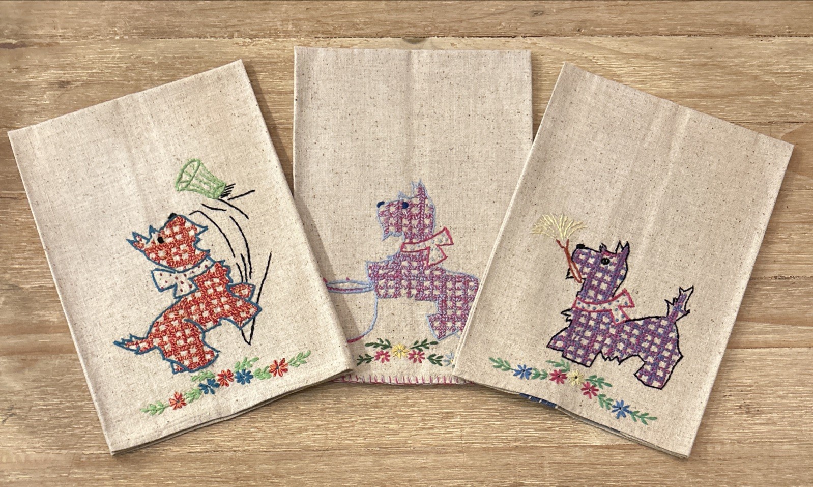 3 VTG Linen Kitchen Towels Blue Stripe Hand Embroidered Scottie Scottish Terrier