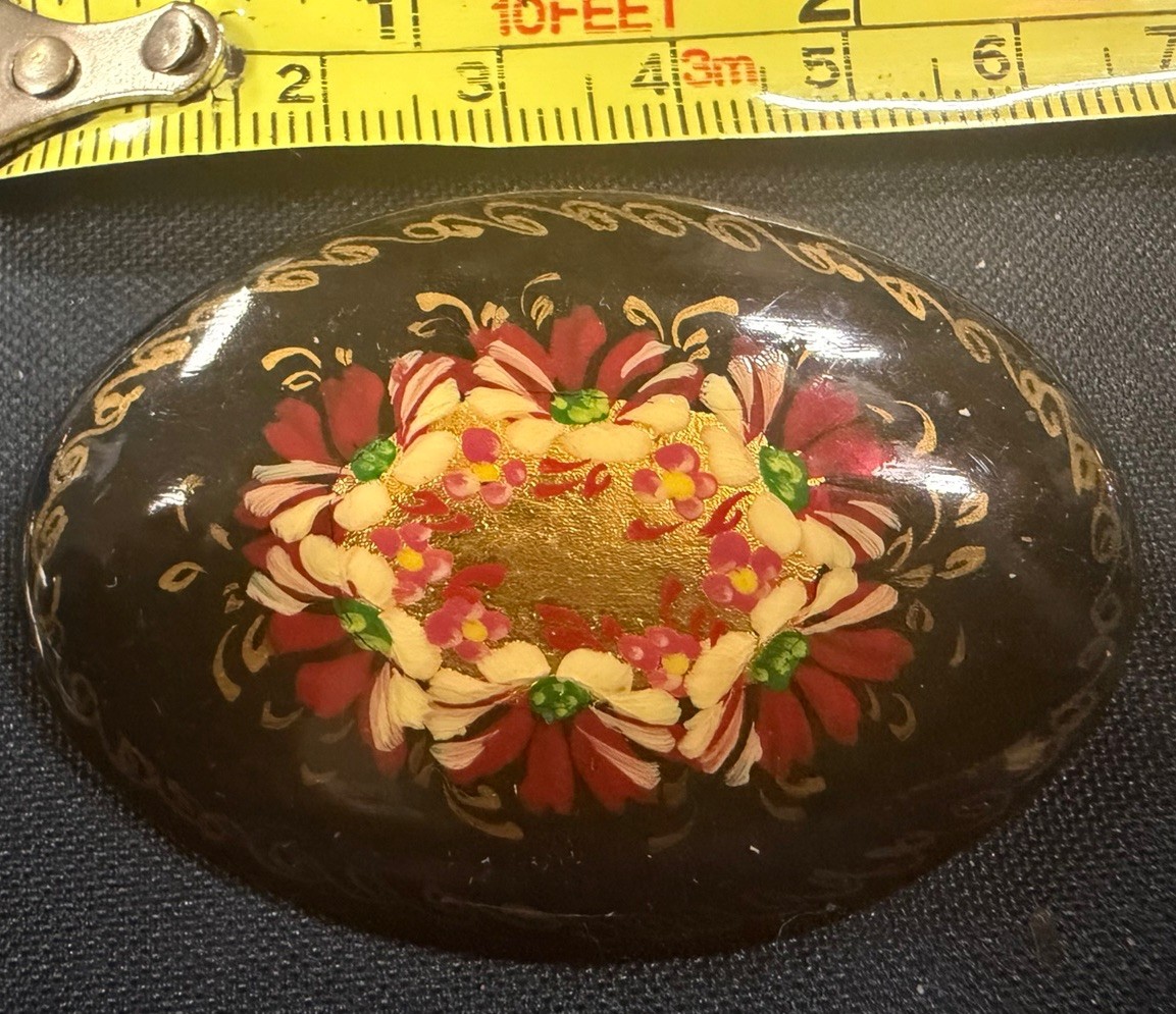 Vintage Russian Lacquered  Brooch Pin  Palekh Flowers Gold Leaf Hand Paint