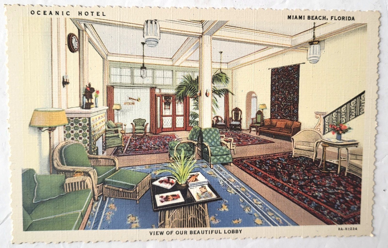 VTG 1939 MIAMI BEACH FL Advertising POSTCARD Beautiful Lobby OCEANIC HOTEL Mint