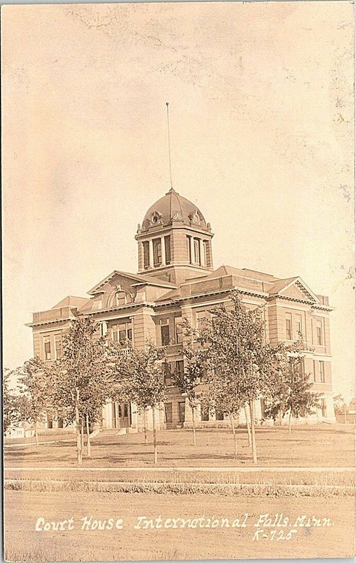 RPPC International Falls MN Court House View Artwork Pasted to Back early 1900s