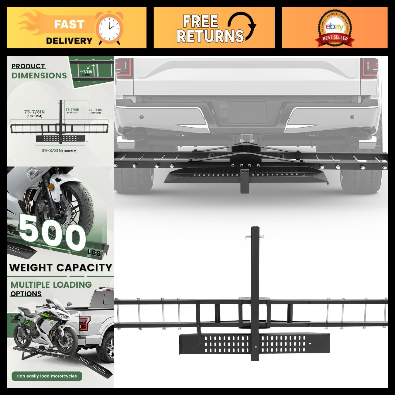 500LB Motorcycle Carrier Hitch Mount Rack for Easy Transportation, Heavy Duty