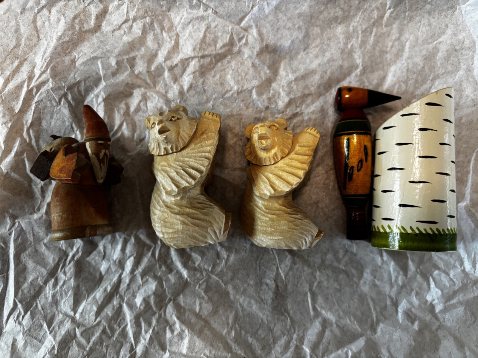 Vintage Soviet Era Russian Carved Folk Art Ornaments Bears Woodpecker St Nicolas