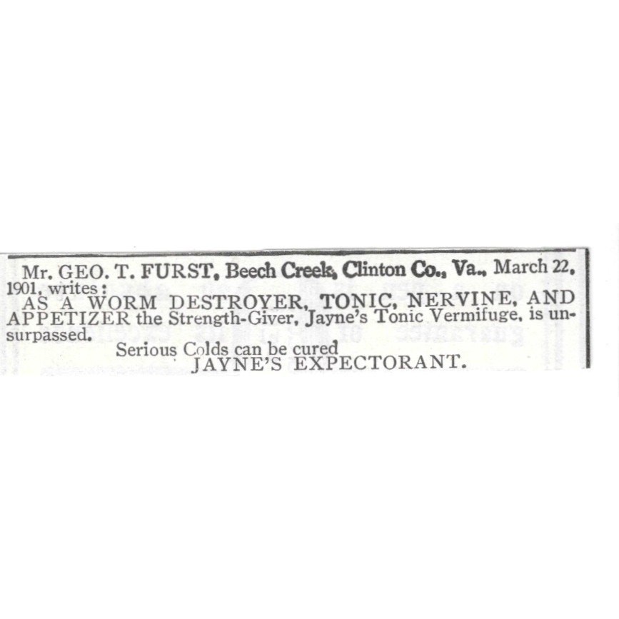 Jayne\'s Expectorant Tonic Geo Furst Beech Creek VA 1903 Magazine Ad SAG7-S7