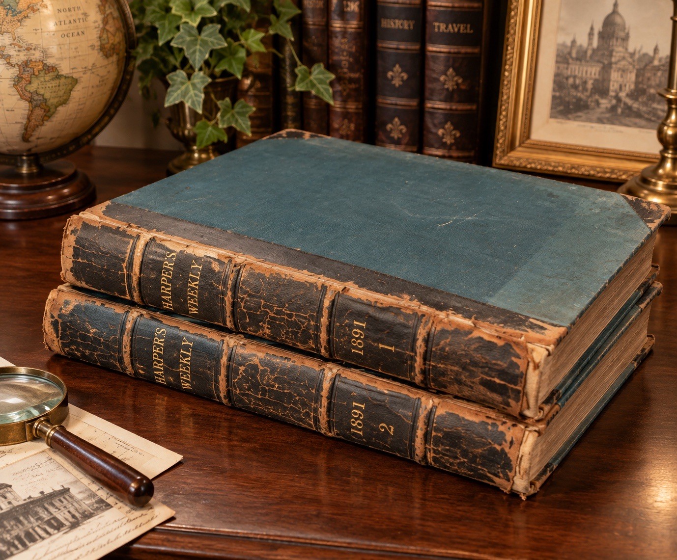 1891 Harper’s Weekly Vol. 35 2-Volume Bound Set Illustrated Antique Periodical