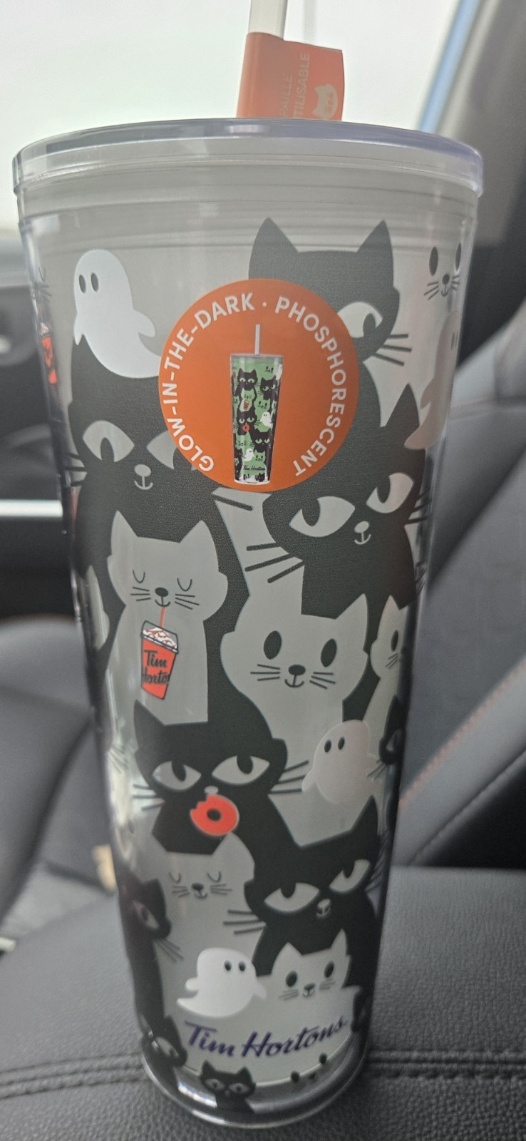 Tim Horton\'s 2025 HALLOWEEN Glow in the Dark  Cats & Ghosts 24 oz Tumbler NWT