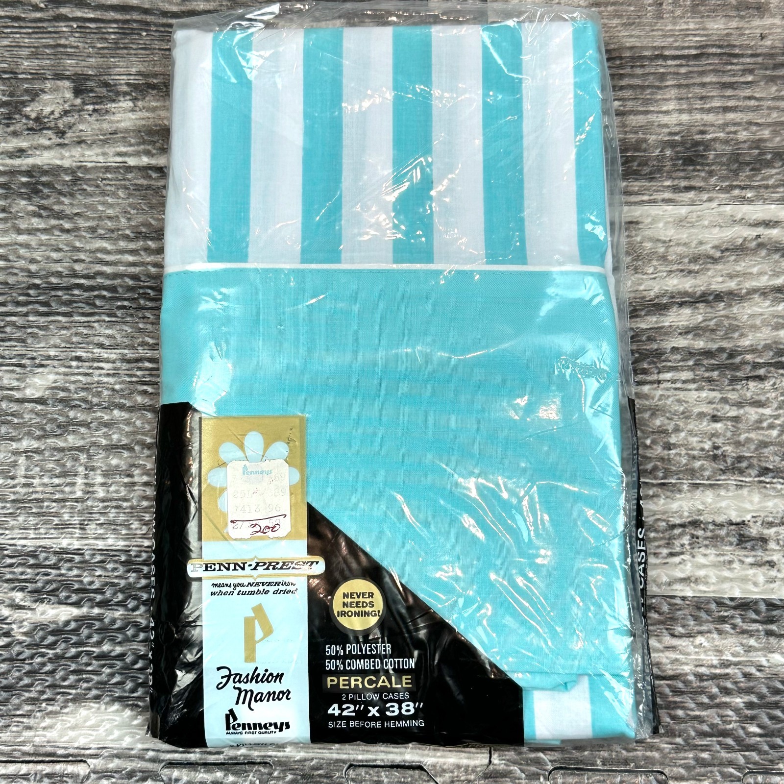 VTG JC Penney Fashion Manor No Iron Percale BLUE STRIPE Standard Pillow Cases