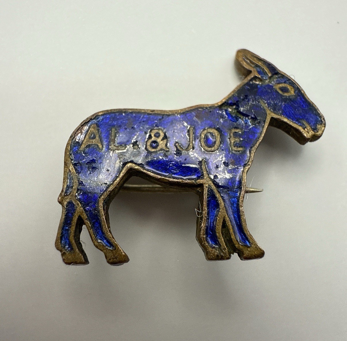 1928 AL & JOE Donkey Pin 1.53g Al Smith Campaign Blue Enamel Original C-Clasp 