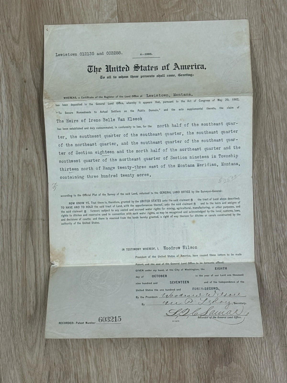 1907 President Woodrow Wilson Signed US United States Land Grant Montana MT