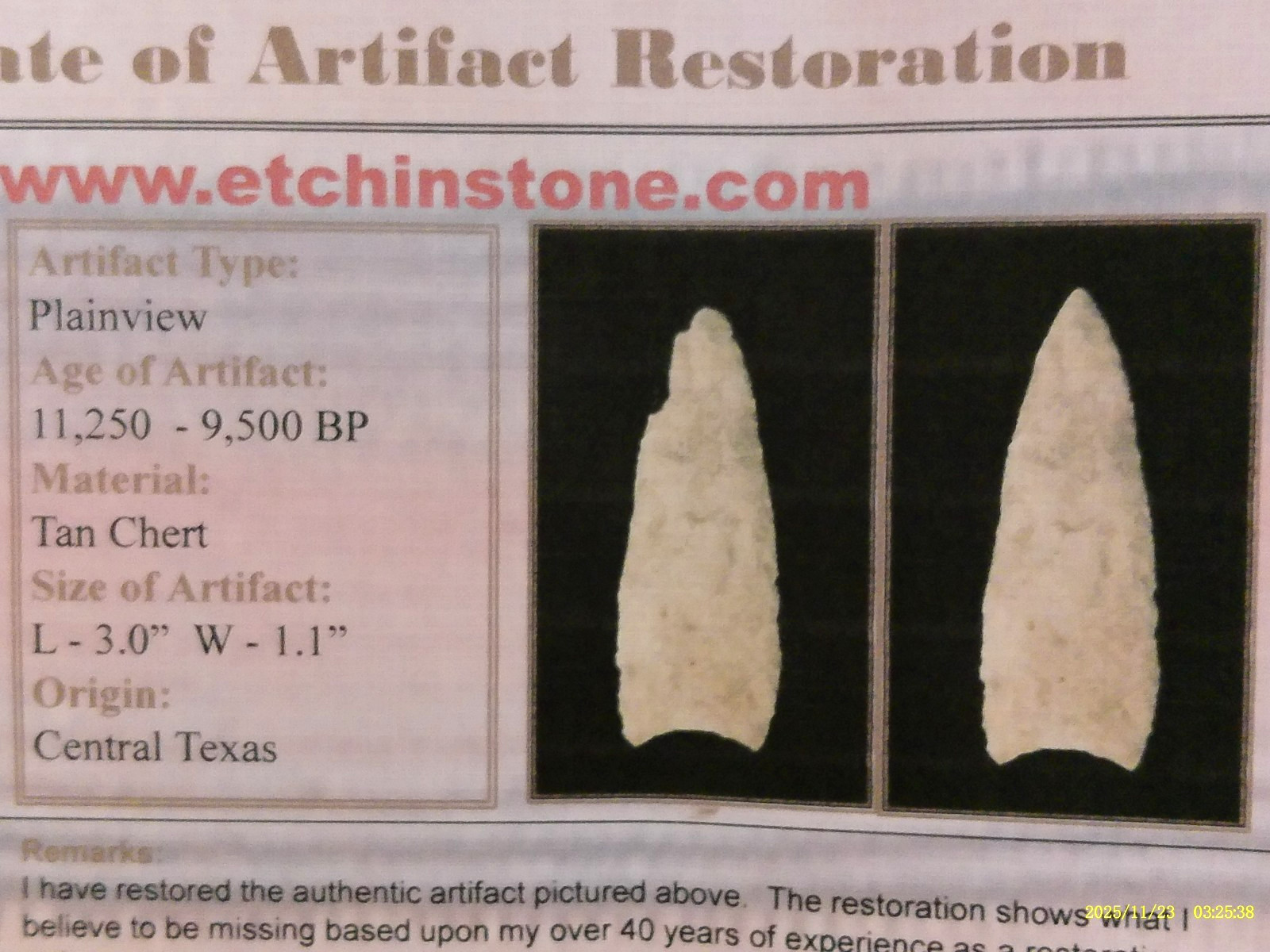 Restored Cent Texas Plainview Arrowhead, Prehistoric Artifact *FREE SHIPPING RS3