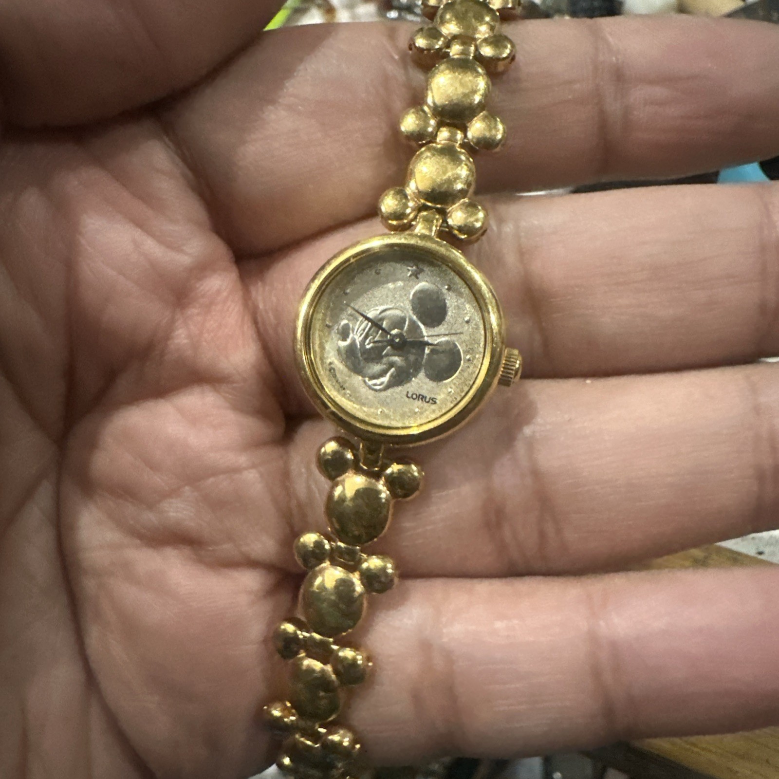 Works VTG Lorus Disney Mickey Mouse Bracelet Gold tone Womens Watch 20mm Fit 6in