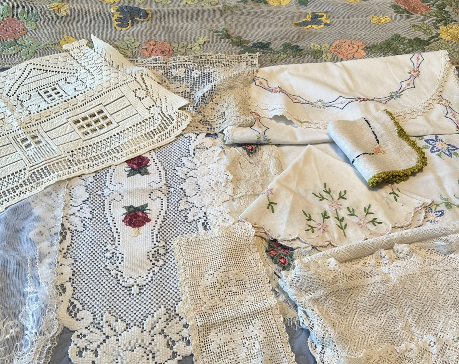 Lot 12 Vintage Antique Runners Doilies Table Covers Lace Embroidered Crocheted 