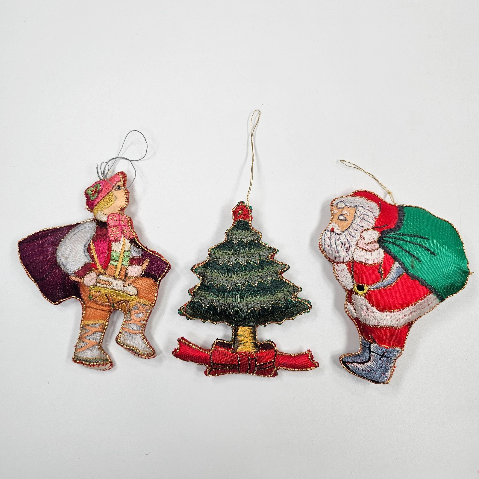 Vintage Embroidered Fabric Christmas Ornaments Set of 3 Santa Tree Figure 4in