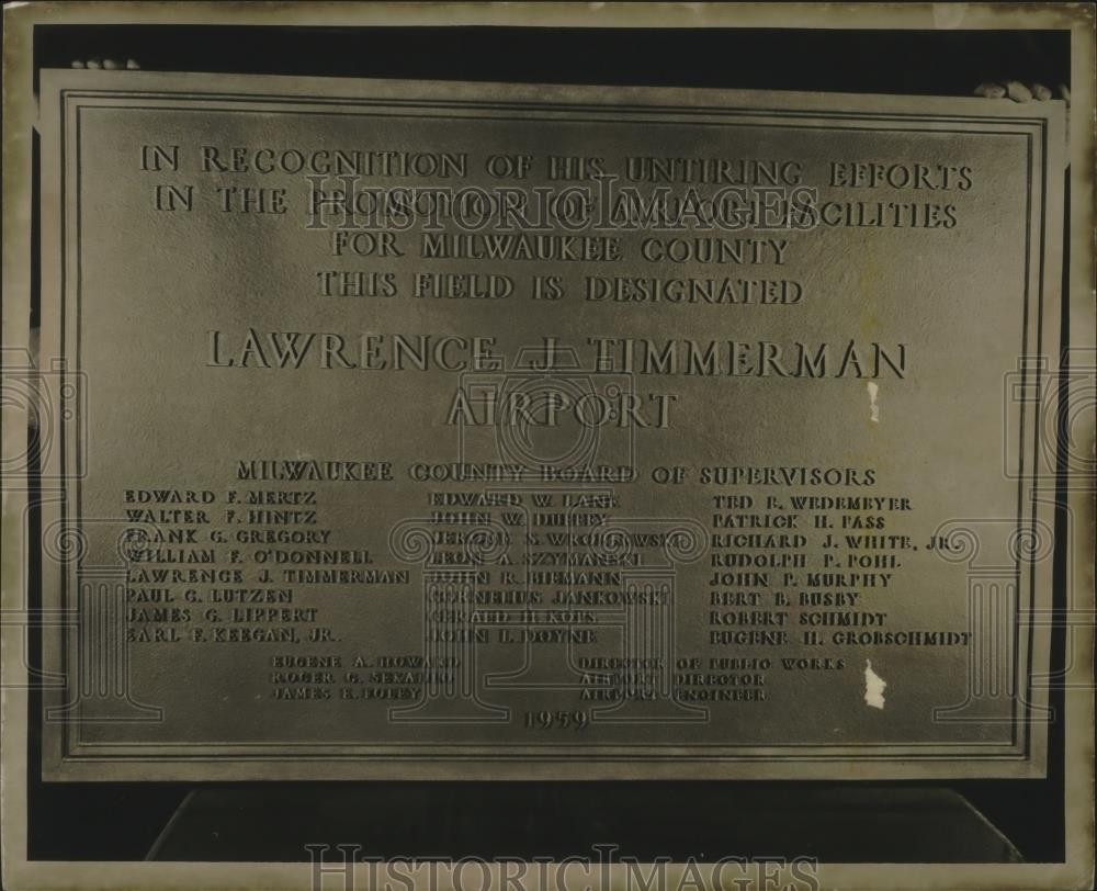 1959 Press Photo Plaque unveiled at Lawrence J. Timmerman field in Milwaukee.