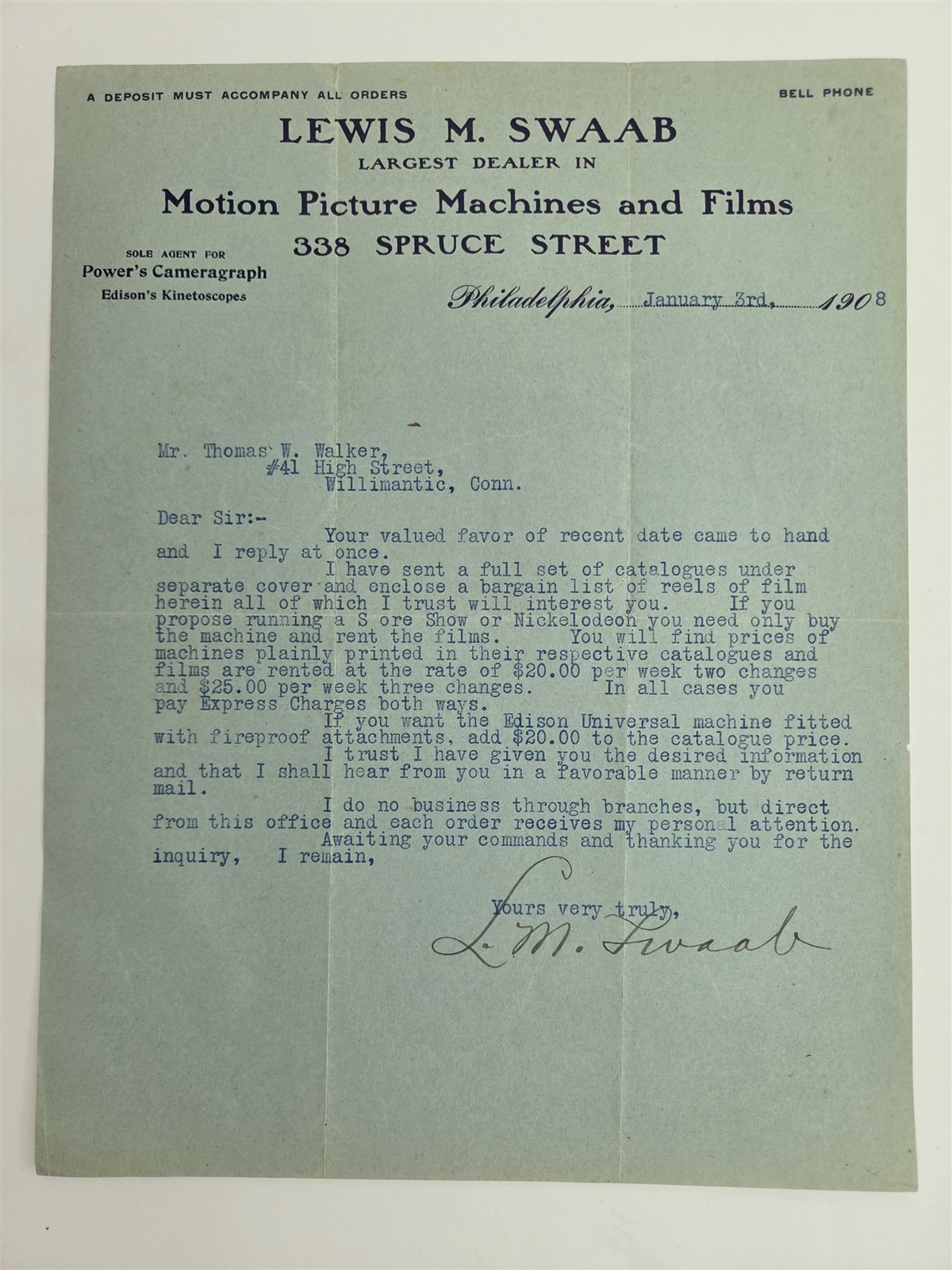 1908 antique LEWIS M SWAAB MOTION PICTURE FILM EDISON KINETOSCOPE phila pa