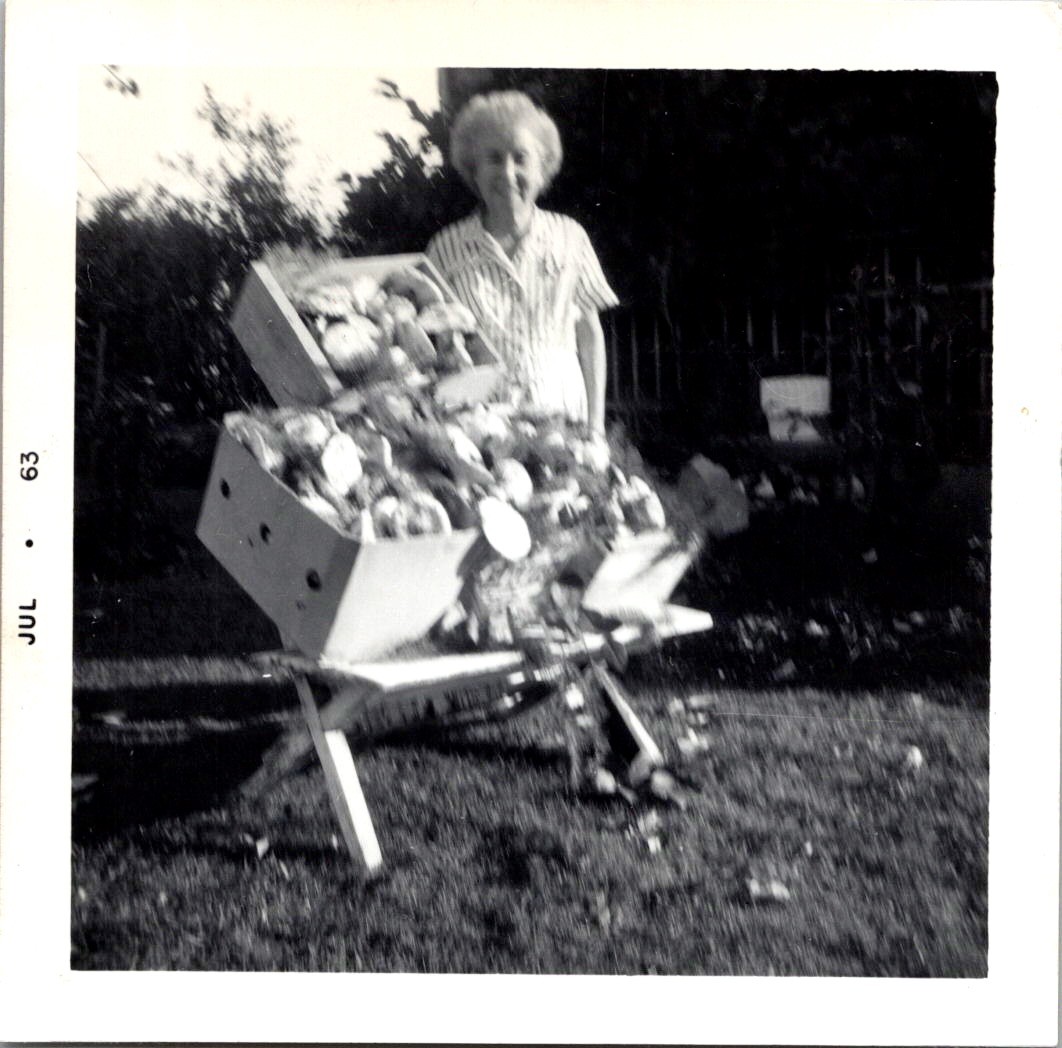 Elderly Woman with Boxes of Foraged Mushrooms, 1960s B&W Snapshot Photo