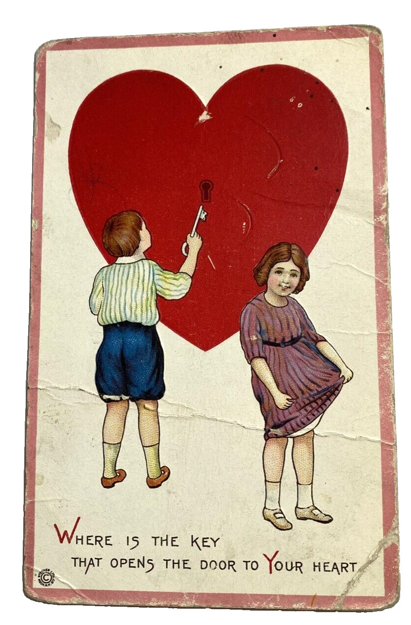 Valentine Postcard c. 1910 Girl and Boy with Key to Heart Embossed Stetcher 518B