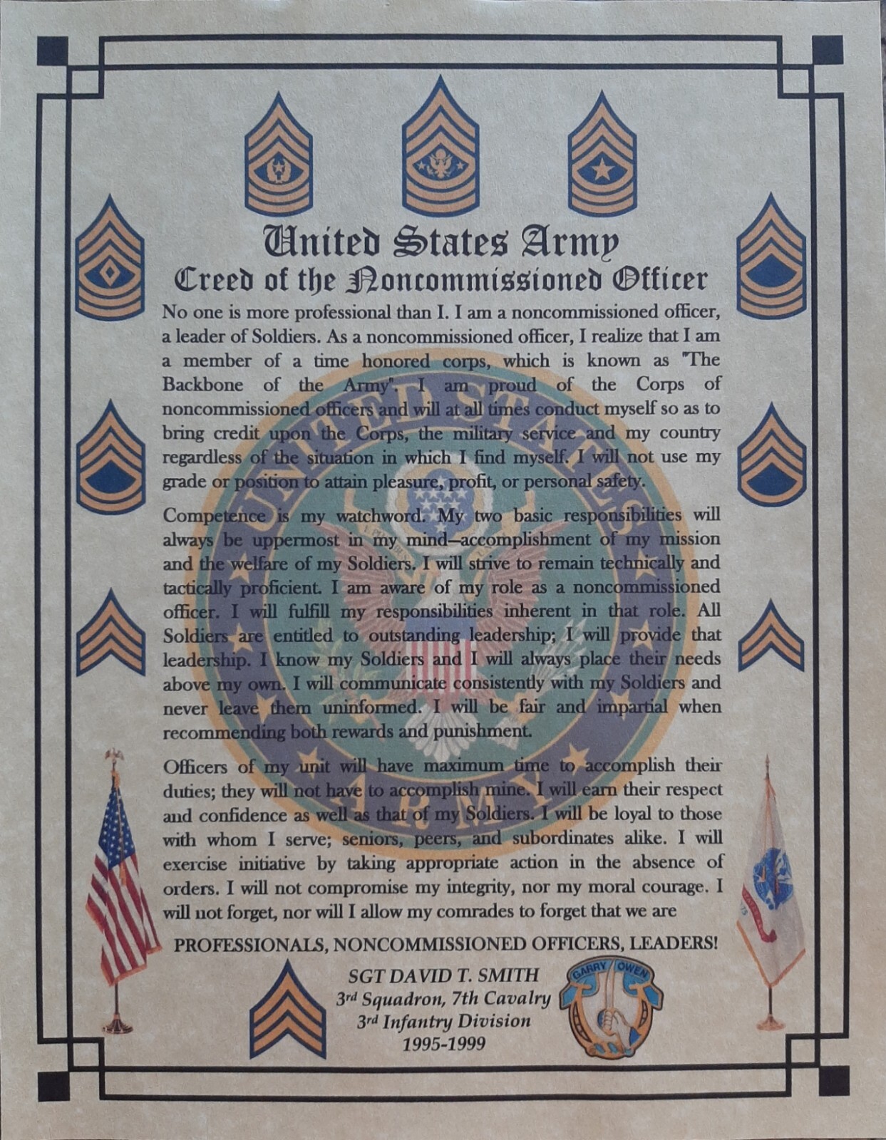 MC-NICE: ARMY Creed of the NCO ALL UNITS PERSONALIZED